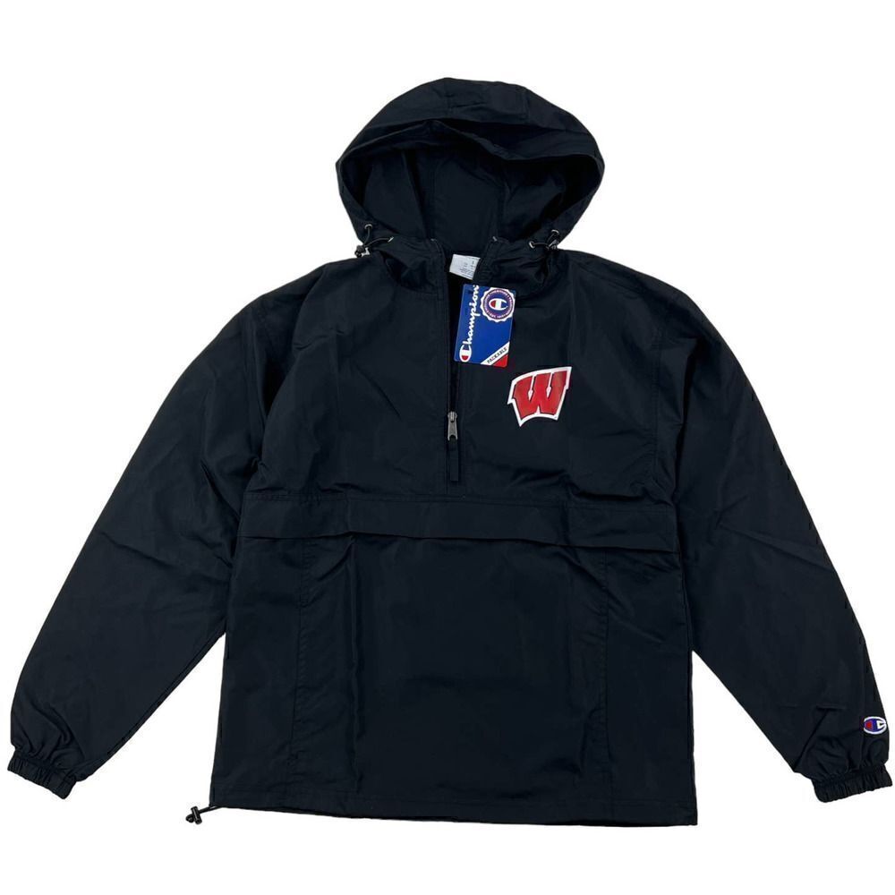 New Champion Men US S Black Hoody Anorak Sport Windbreaker Casual Pullover 